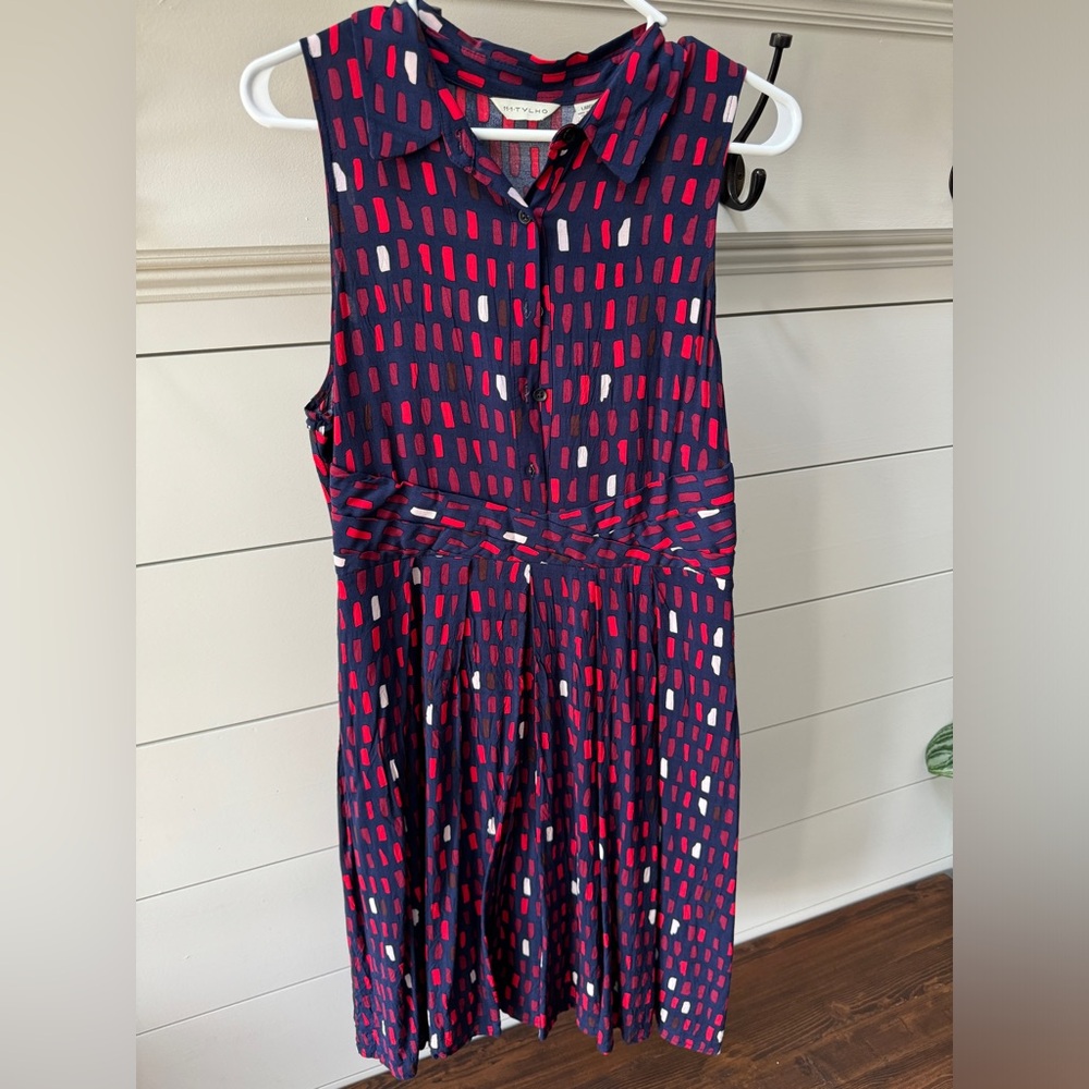 Anthropologie 11.1 Tylho Brynn Shirt Dress, Navy Pattern, Large.